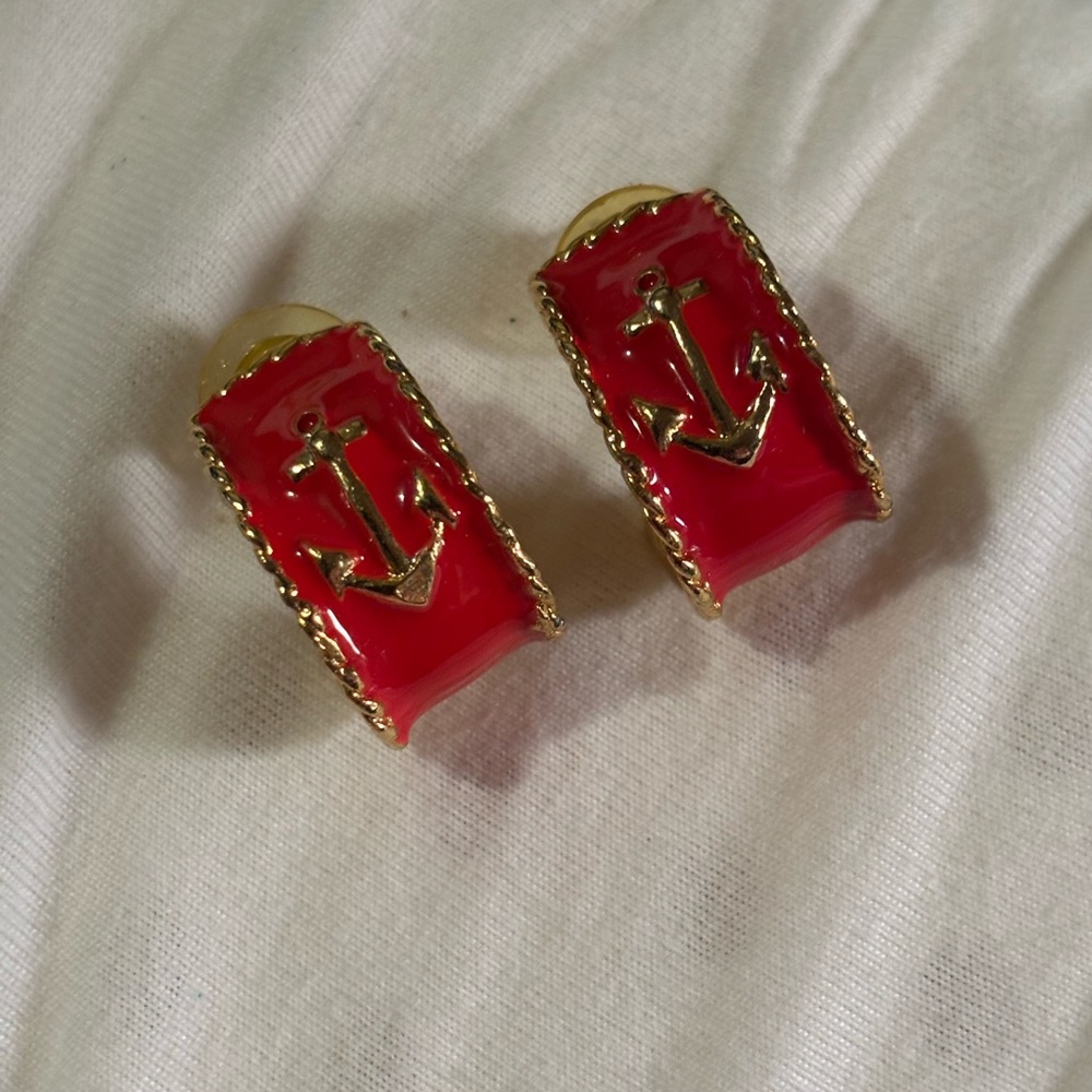 Gold and Red Anchor Earrings